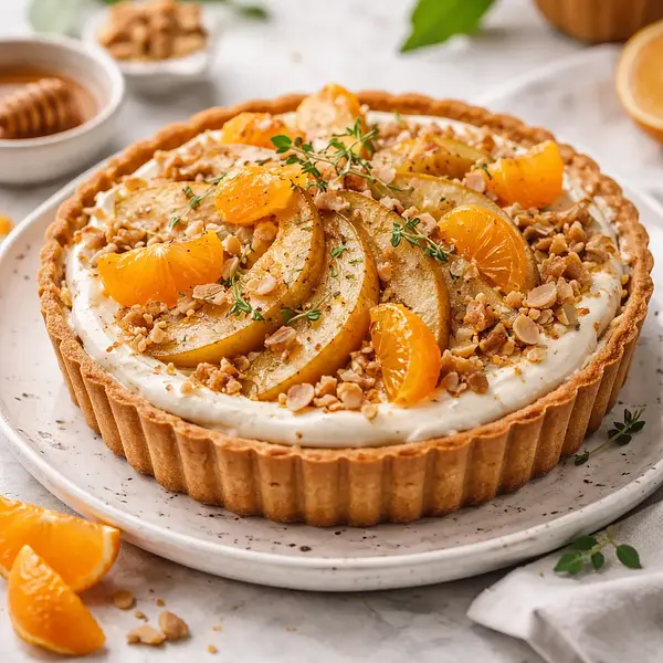 Nowoczesna tarta gruszkowo-mandarynkowa z kremem mascarpone i kruszonką migdałową