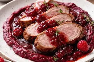 Pork tenderloins in raspberry-wine sauce with roasted beet puree