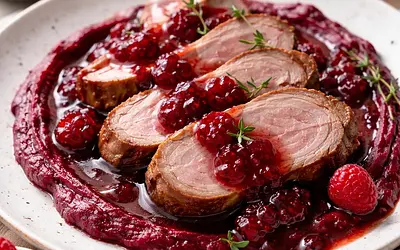 Pork tenderloins in raspberry-wine sauce with roasted beet puree