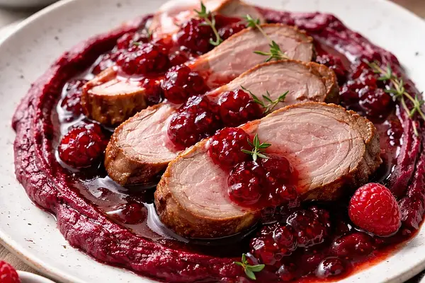 Polędwiczki wieprzowe w sosie malinowo-winnym z puree z pieczonych buraków (wariant d849a1b7)