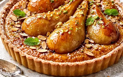 Elegant frangipane tart with caramelized pears