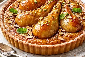 Elegant frangipane tart with caramelized pears