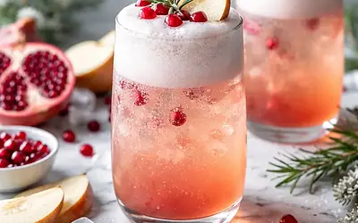 Musujący zimowy mocktail z granatem, gruszką i pianką z aquafaby