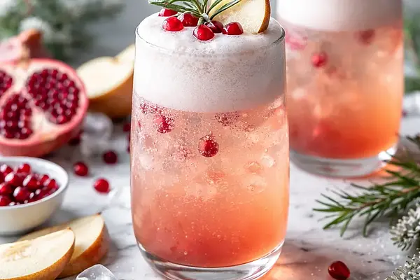 Musujący zimowy mocktail z granatem, gruszką i pianką z aquafaby
