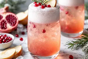 Musujący zimowy mocktail z granatem, gruszką i pianką z aquafaby