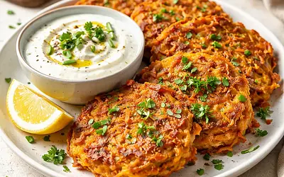 Słoneczne placuszki ziemniaczano-marchewkowe z jogurtowym dipem