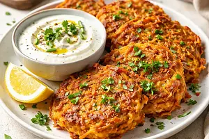 Sunny Potato-Carrot Fritters with Yogurt Dip