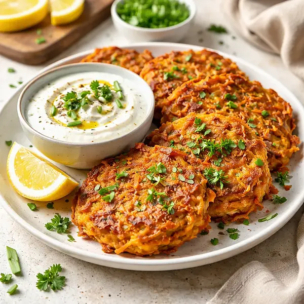 Słoneczne placuszki ziemniaczano-marchewkowe z jogurtowym dipem