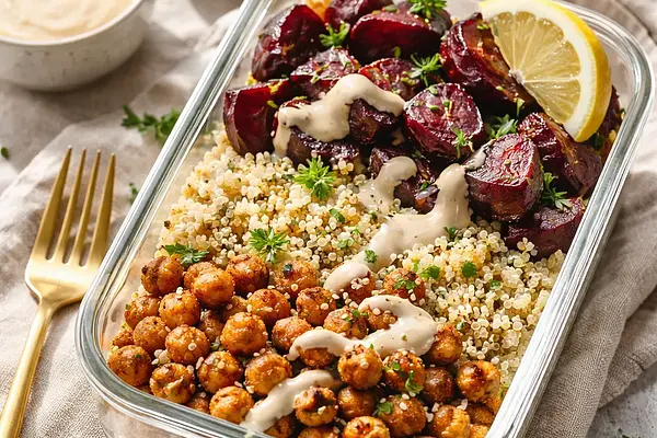 Szybki zimowy lunchbox: komosa z pieczonymi burakami, chrupiącą ciecierzycą i sosem tahini