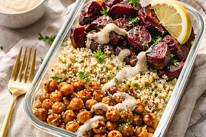 Szybki zimowy lunchbox: komosa z pieczonymi burakami, chrupiącą ciecierzycą i sosem tahini