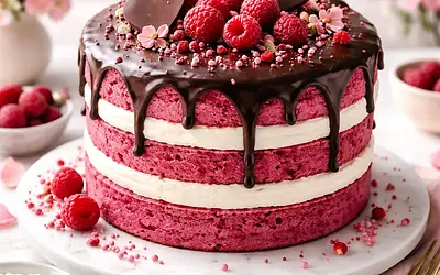 Różowy torcik walentynkowy z pieczonym burakiem, mascarpone i czekoladową glazurą