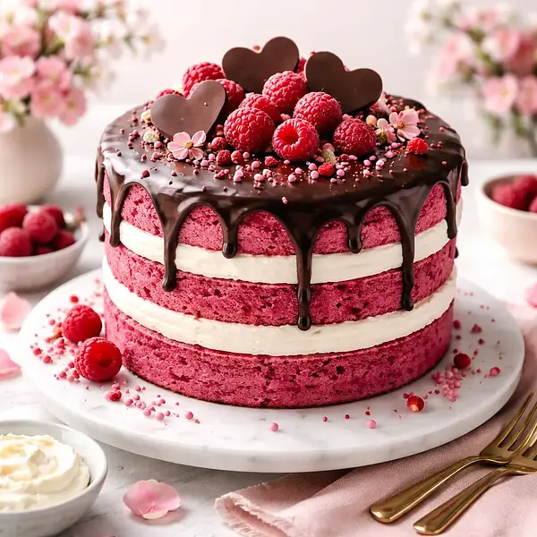 Różowy torcik walentynkowy z pieczonym burakiem, mascarpone i czekoladową glazurą