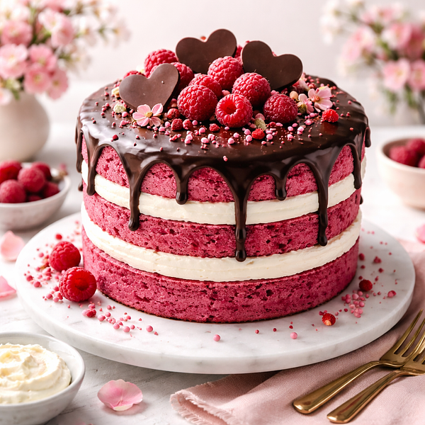 Różowy torcik walentynkowy z pieczonym burakiem, mascarpone i czekoladową glazurą
