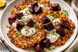 Winter potato pancakes with roasted beets, yogurt-horseradish sauce, and toasted sunflower seeds