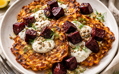 Winter potato pancakes with roasted beets, yogurt-horseradish sauce, and toasted sunflower seeds