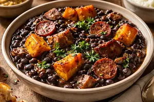 Feijoada zimowa z pieczoną dynią i chorizo