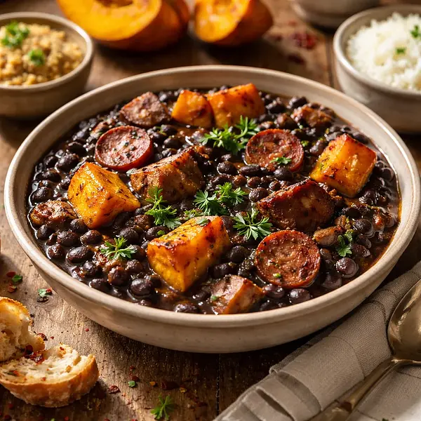 Feijoada zimowa z pieczoną dynią i chorizo