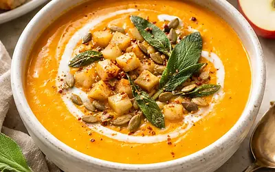 Cream of roasted butternut squash with apple, ginger, and sage