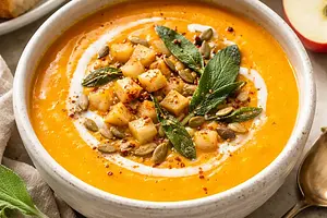Cream of roasted butternut squash with apple, ginger, and sage