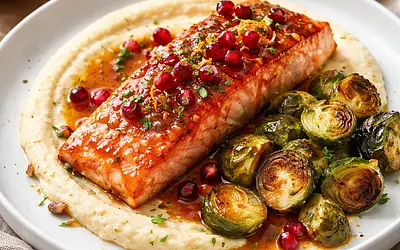 Szybki łosoś z glazurą pomarańczowo-granatową, puree z selera i karmelizowaną brukselką