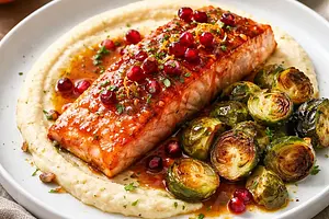 Quick Salmon with Orange-Pomegranate Glaze, Celery Puree, and Caramelized Brussels Sprouts