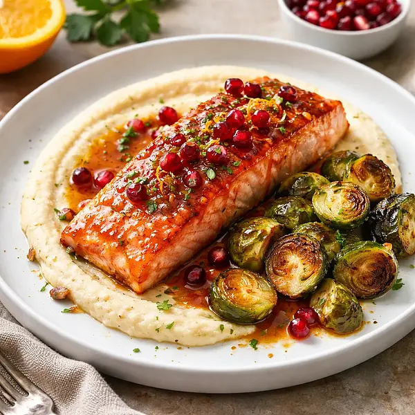 Szybki łosoś z glazurą pomarańczowo-granatową, puree z selera i karmelizowaną brukselką