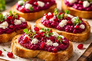 Crispy crostini with roasted beetroot, creamy goat cheese, and pomegranate