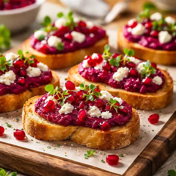 Chrupiące crostini z pieczonym burakiem, kremowym kozim serem i granatem