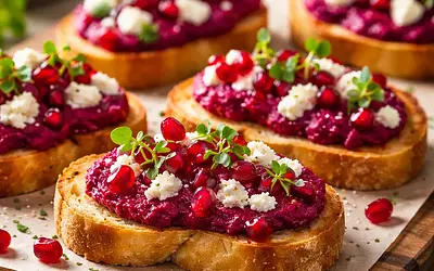 Crispy crostini with roasted beetroot, creamy goat cheese, and pomegranate