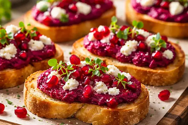 Chrupiące crostini z pieczonym burakiem, kremowym kozim serem i granatem