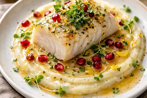 Pieczony filet z dorsza na aksamitnym puree z selera i chrzanu, beurre blanc z cytryną i granatem