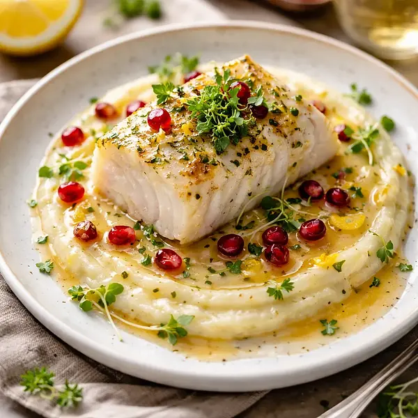 Pieczony filet z dorsza na aksamitnym puree z selera i chrzanu, beurre blanc z cytryną i granatem