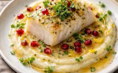 Pieczony filet z dorsza na aksamitnym puree z selera i chrzanu, beurre blanc z cytryną i granatem