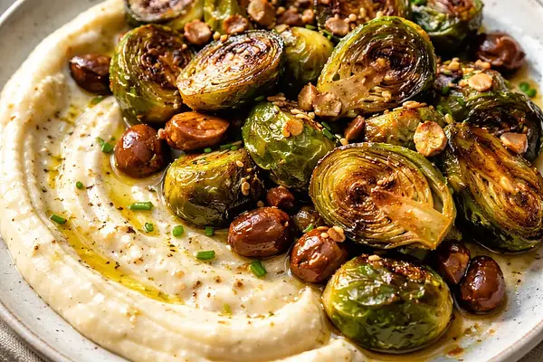 Karmelizowane brukselki z miso i syropem klonowym, puree z chrzanu oraz pieczonymi kasztanami