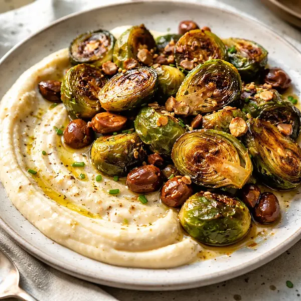 Karmelizowane brukselki z miso i syropem klonowym, puree z chrzanu oraz pieczonymi kasztanami