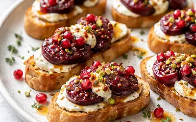 Crispy crostini with beetroot, goat cheese, pomegranate, and honey-orange dressing