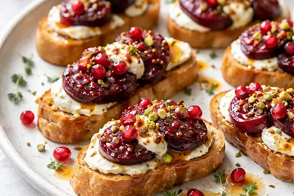 Chrupiące crostini z burakiem, kozim serem, granatem i miodowo-pomarańczowym dressingiem