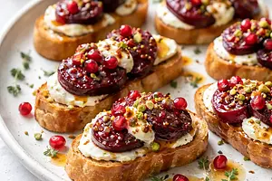 Crispy crostini with beetroot, goat cheese, pomegranate, and honey-orange dressing