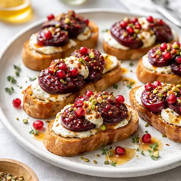 Chrupiące crostini z burakiem, kozim serem, granatem i miodowo-pomarańczowym dressingiem