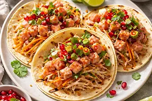 Szybkie fusion tacos z 'ceviche' z łososia, kimchi-coleslaw i salsą z granatem