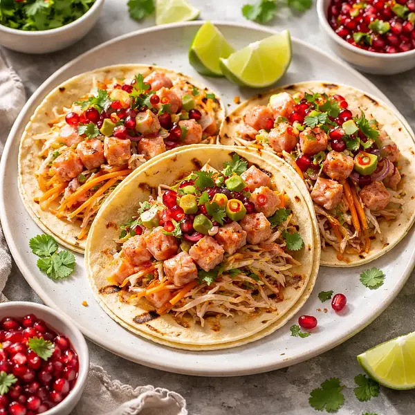 Szybkie fusion tacos z 'ceviche' z łososia, kimchi-coleslaw i salsą z granatem