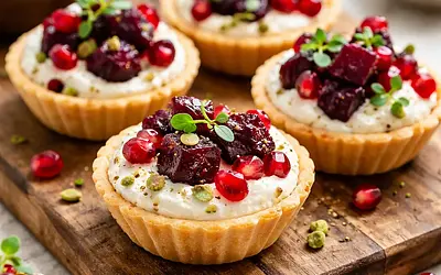 Mini tartlets with goat cheese cream, roasted beetroot, and pomegranate seeds