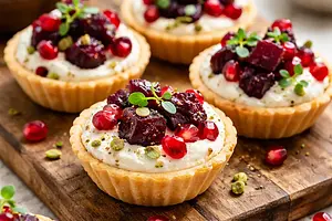 Mini tartlets with goat cheese cream, roasted beetroot, and pomegranate seeds