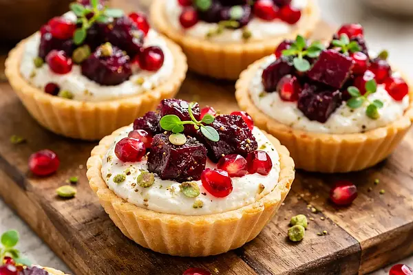 Mini tartaletki z kremem z koziego sera, pieczonym burakiem i ziarnami granatu