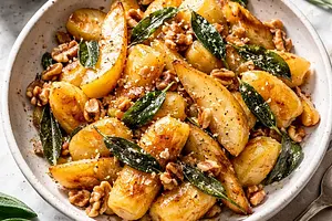 Szybkie gnocchi z szałwią, karmelizowaną gruszką i prażonymi orzechami