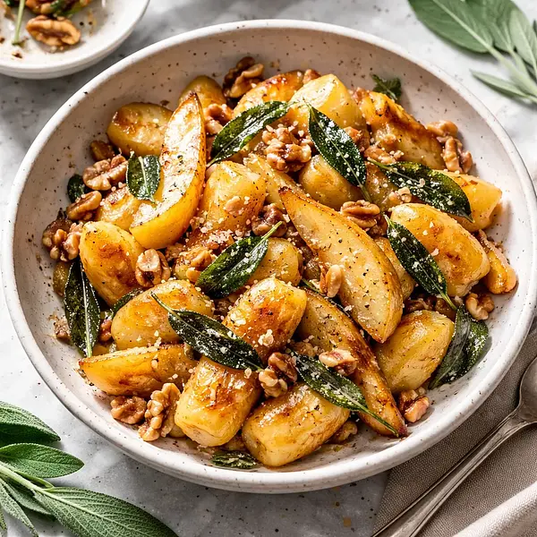 Szybkie gnocchi z szałwią, karmelizowaną gruszką i prażonymi orzechami
