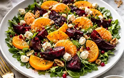 Modern winter salad with roasted beets, persimmon, mandarin, and goat cheese