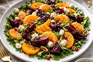 Modern winter salad with roasted beets, persimmon, mandarin, and goat cheese