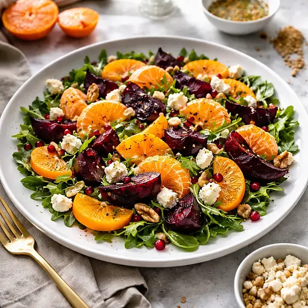 Nowoczesna zimowa sałatka z pieczonymi burakami, kaki, mandarynką i kozim serem
