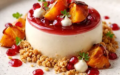 Modern white chocolate mousse with pomegranate gel, caramelized persimmon, and crunchy crumble